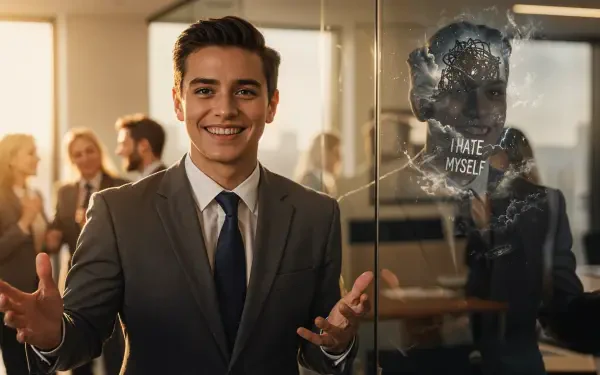4K Ultra HD PC desktop wallpaper: a smiling businessman in an office with a cracked glass reflection behind him that reads I hate myself.