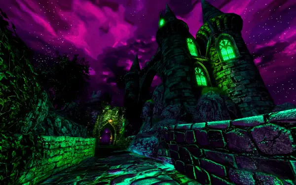 ps2core/dreamcore haunted medieval castle with glowing green windows, cobbled liminal walkway under a magenta night sky — 5K Ultra HD PC desktop wallpaper and background.