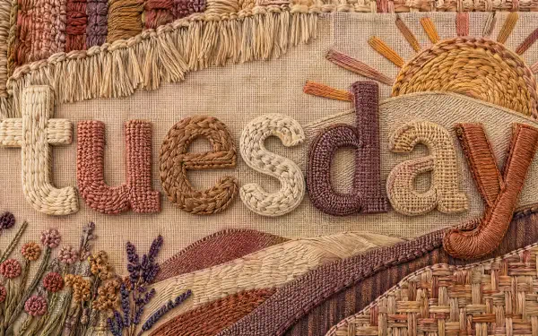 4K Ultra HD PC desktop wallpaper and background showing embroidered tuesday in woven textile art, with a sun, rolling fields and wildflowers in warm, earthy tones.