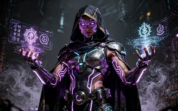 Technomancer in hooded armor conjures purple holographic runes and neon circuitry glow — 4K Ultra HD PC desktop wallpaper and background.