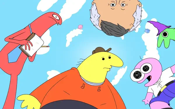 Bold, colorful Smiling Friends TV show characters float toward the viewer against a bright blue sky, rendered as a 4K Ultra HD PC desktop wallpaper/background.