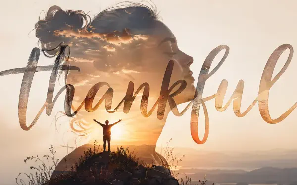 4K Ultra HD PC desktop wallpaper/background: sunrise hill silhouette with arms raised, translucent woman's profile, and flowing cursive thankful across the sky.