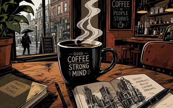 Cozy coffee scene: steaming mug reading Good Coffee Strong Mind on a wooden table with open sketchbook, café interior and street view — 4K Ultra HD PC desktop wallpaper and background.