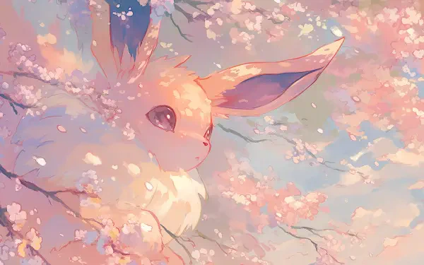 Eevee (Pokémon) in anime style among sakura blossoms, dreamy pastel 2K Quad HD PC desktop wallpaper background.