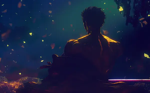 Dark One Piece anime 2K Quad HD PC desktop wallpaper: backlit, muscular silhouetted figure seated amid glowing embers and moody teal shadows, cinematic night scene.