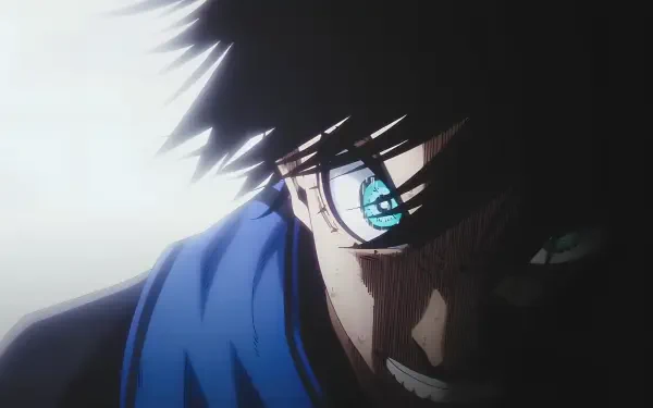 Close-up anime portrait of Rin Itoshi from Blue Lock, intense glowing cyan eye and shadowed face, high-detail 4K Ultra HD PC desktop wallpaper and background.