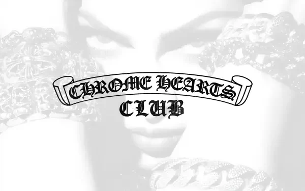 White gothic Chrome Hearts 'Club' logo over a blurred monochrome portrait with chunky jewelry — 4K Ultra HD PC desktop wallpaper background.