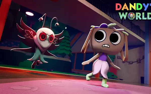 Horror game Dandy's World HD PC desktop wallpaper: wide-eyed bunny girl fleeing a hovering red-eyed moth creature down a neon-lit, eerie hallway.