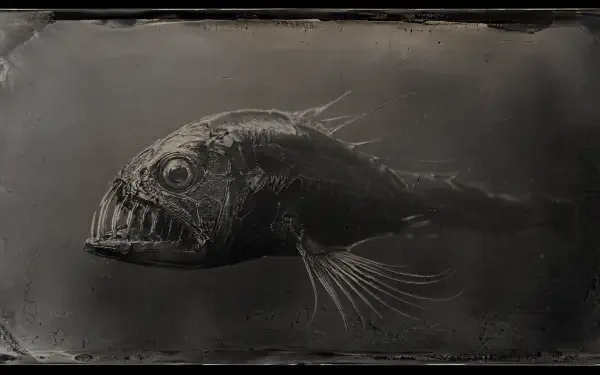 4K Ultra HD PC desktop wallpaper of a menacing deep-sea creature: dark, elongated fish with razor teeth, translucent fins and a single glassy eye drifting through black ocean depths.
