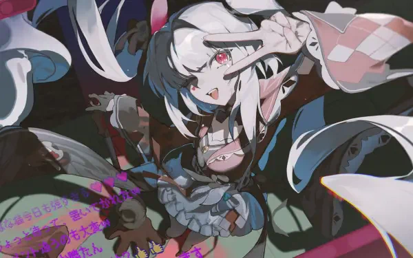 HD PC desktop wallpaper of Sparxie from the video game Honkai: Star Rail — winking and flashing a peace sign amid swirling ribbons and neon accents in a dynamic, colorful composition.