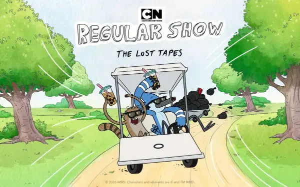 Cartoon from Cartoon Network's Regular Show: The Lost Tapes HD PC desktop wallpaper background — Mordecai and Rigby in a golf cart speeding down a tree-lined road.