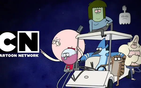 HD PC desktop wallpaper of Regular Show: The Lost Tapes (Cartoon Network) — Mordecai, Rigby and friends riding a golf cart against a starry navy background.