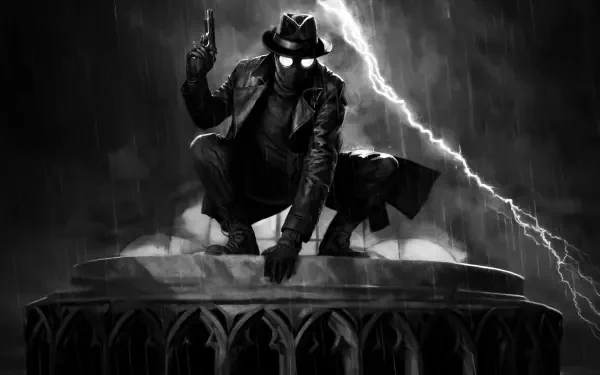 Spider-Man Noir (TV Show, 2026) — spy-styled Spider-Man in trenchcoat and fedora crouches on a gothic rooftop under lightning. 5K Ultra HD PC desktop wallpaper.