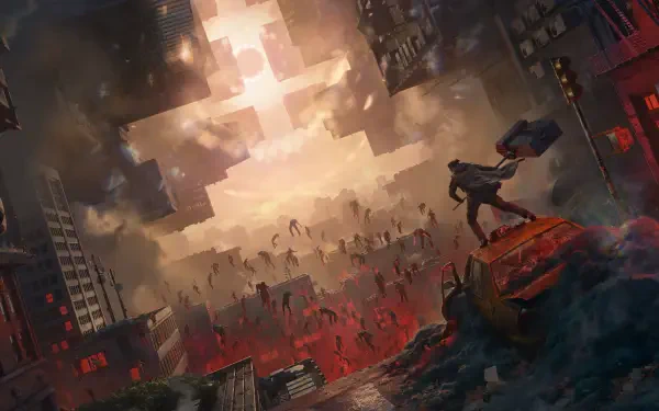 Control Resonant game art: post-apocalyptic city with levitating debris and floating figures, lone figure on rubble. 4K Ultra HD PC desktop wallpaper/background.