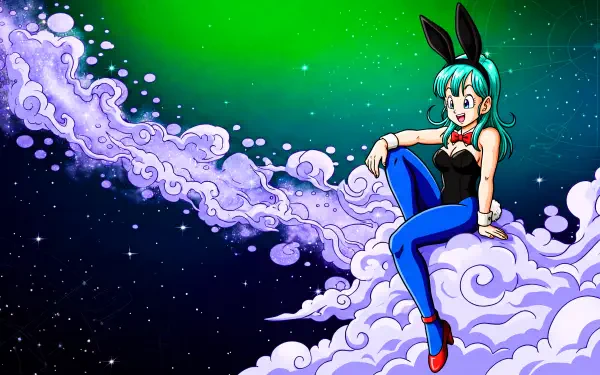 Bulma from Dragon Ball in a bunny costume perched on swirling clouds beneath a green starry sky — vibrant 5K Ultra HD PC desktop wallpaper