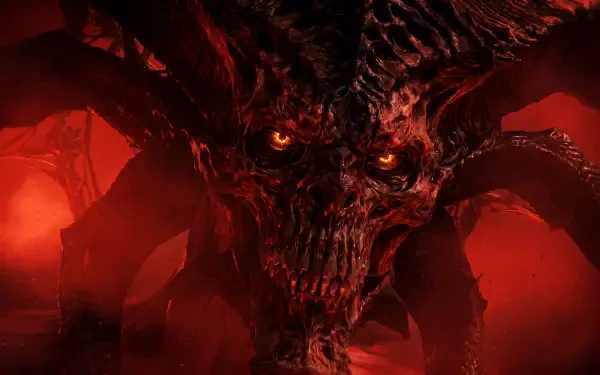 Close-up of the Lord of Hatred demon from Diablo IV video game: horned skeletal face with glowing eyes amid red flames — Blizzard Entertainment 5K Ultra HD PC desktop wallpaper.