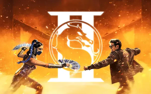 Mortal Kombat 2 (2026) 4K Ultra HD PC wallpaper: fan-wielding female and suited male fighters clash beneath a glowing Mortal Kombat II dragon emblem on a fiery orange backdrop.