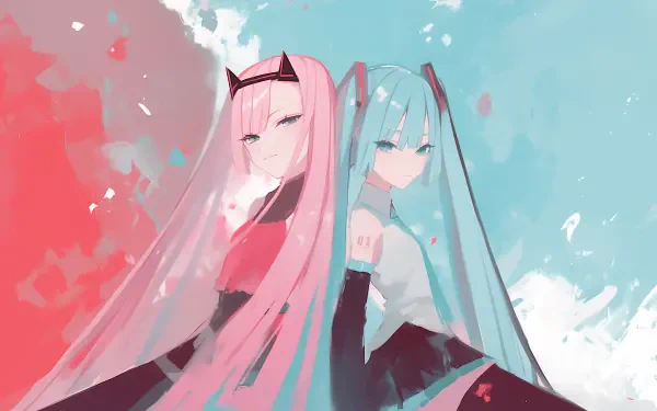 2K Quad HD PC desktop anime aesthetic wallpaper featuring Zero Two and Hatsune Miku back-to-back, long pink and teal twin tails, pastel red and blue background, soft painterly style.
