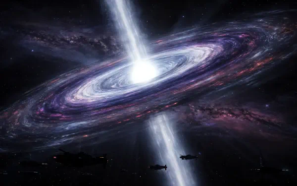 4K Ultra HD PC desktop wallpaper/background: luminous quasar at a galaxy's core, swirling bright accretion disk and twin jets piercing a purple nebula, silhouetted spacecraft below.