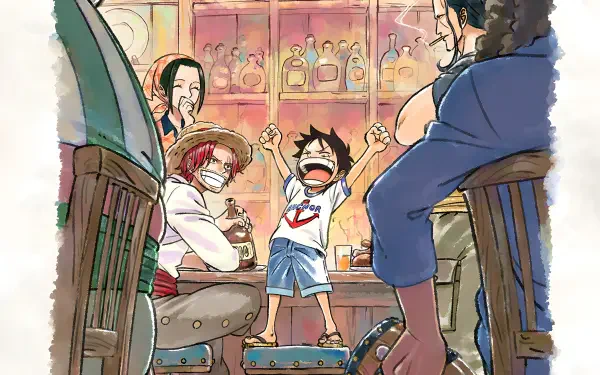 4K Ultra HD PC desktop wallpaper — Anime The One Piece (One Piece): young Monkey D. Luffy joyfully raises his arms between Shanks and crew inside a warm, lively bar scene.
