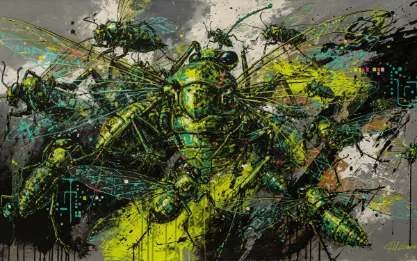 Bugcore 4K Ultra HD PC wallpaper: neon-green cybernetic insect rendered with paint-splatter textures, dripping ink, circuit patterns and glitchy tech accents.