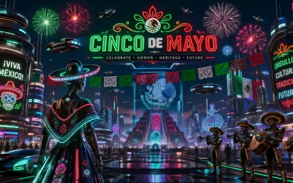 Neon-futuristic Cinco de Mayo 4K Ultra HD PC desktop background: fireworks over a glowing city plaza with mariachi in sombreros, papel picado banners, neon signs and Mexican heritage motifs.