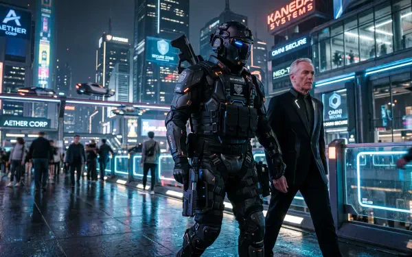 5K Ultra HD PC desktop wallpaper: futuristic neon city at night, armored robotic bodyguard escorting a suited man along wet streets.