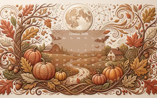 Ornate autumn 5K Ultra HD PC desktop wallpaper: pumpkins, oak leaves and swirling vines framing a farmhouse under a moonlit sky, with a transparent October 2026 calendar overlay.