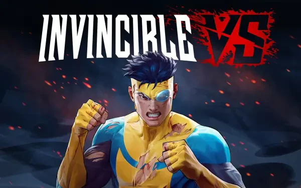 HD PC desktop wallpaper for the video game Invincible VS: battered yellow-and-blue hero with fists raised beneath a bold INVINCIBLE VS logo.