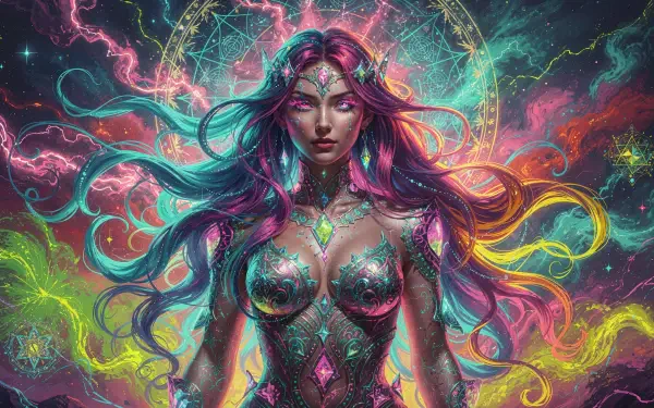 4K Ultra HD PC desktop wallpaper: a cosmic goddess with flowing rainbow hair, glowing jeweled armor and swirling neon energy against a starry mystical backdrop.