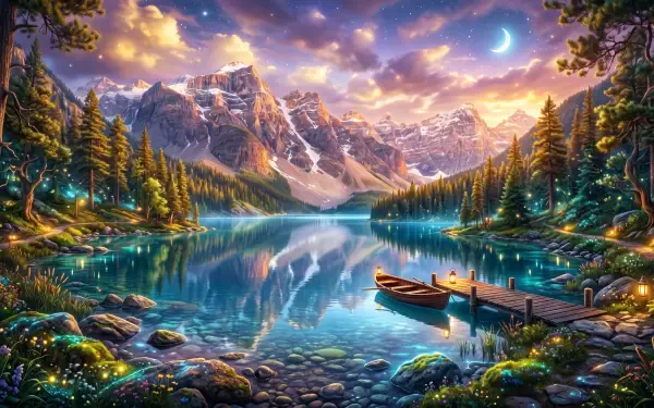 5K Ultra HD PC desktop wallpaper and background: moonlit mountain lake with snow‑capped peaks, pine forest, wooden dock and canoe mirrored in glassy water beneath a starry, colorful twilight sky.