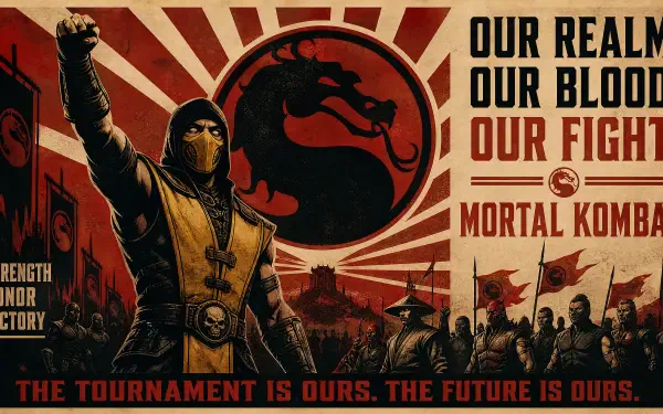 Mortal Kombat 4K Ultra HD PC desktop wallpaper: propaganda-style poster with Scorpion raising a fist before the dragon emblem, marching fighters and bold warlike slogans.