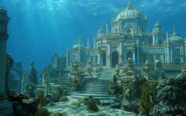 4K Ultra HD PC desktop wallpaper of a majestic underwater palace with coral-covered steps, ornate domes and sunlit blue water filtering rays.