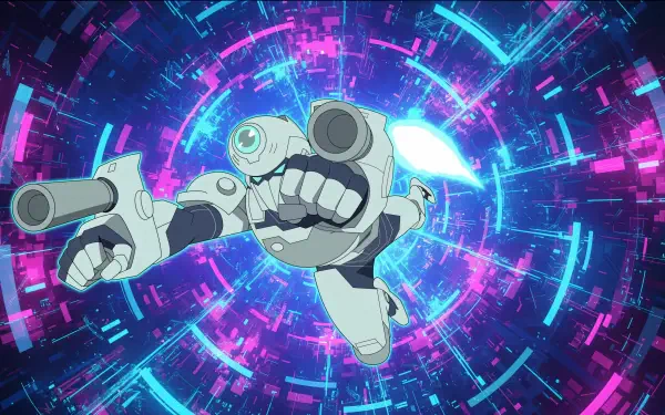 Zoe (Invincible) android lunging at viewer with open mechanical jaw and pointing hand against a neon blue-magenta digital vortex — 4K Ultra HD PC desktop wallpaper/background.