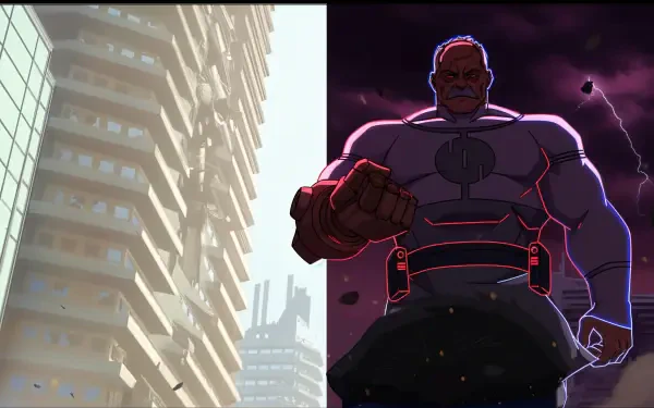 4K Ultra HD PC wallpaper: Conquest (Invincible) looms under purple lightning on the right, contrasted with sunlit skyscrapers on the left; red-glowing fist thrust forward.