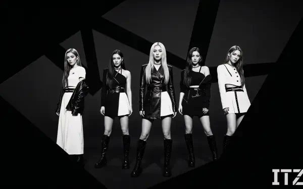 4K Ultra HD PC desktop wallpaper: five women in bold monochrome outfits pose against a geometric dark backdrop, high-contrast black-and-white pop concept.