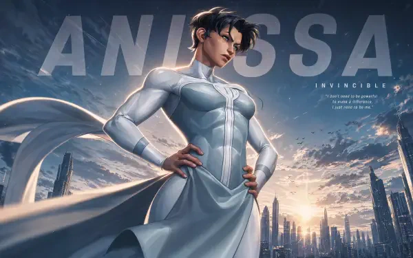4K Ultra HD PC desktop wallpaper/background: Anissa (Invincible) in a white suit and flowing cape, hands on hips, standing over a sunrise-lit futuristic skyline.