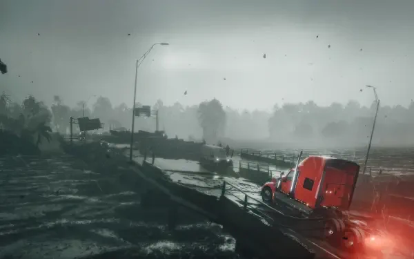 Road Kings video game 2K Quad HD PC desktop wallpaper/background: red semi truck on a rain‑slick highway bridge at dusk, moody fog and a distant city skyline.