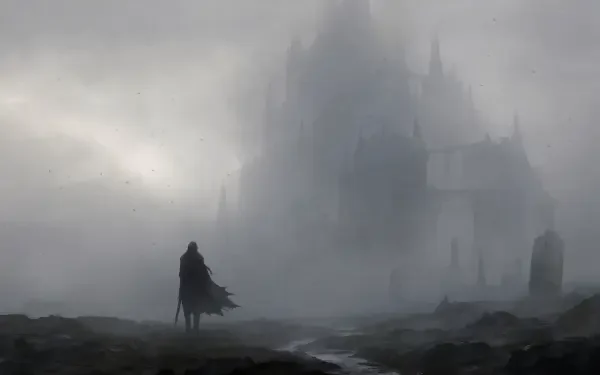 4K Ultra HD PC desktop wallpaper and background: a lone cloaked figure walks a wet, rocky path toward a vast gothic castle shrouded in dense fog under a gray sky.