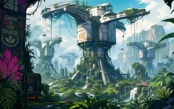 Sci‑Fi 4K Ultra HD PC desktop wallpaper: overgrown futuristic towers marked 02 rise from a lush jungle, connected by skybridges with hanging vines, waterfalls, and sunlit mist.