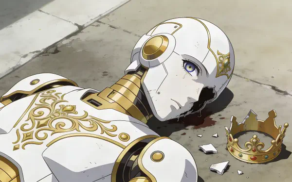 Sci‑Fi scene of a broken white-and-gold humanoid robot lying on cracked pavement beside a shattered crown — 4K Ultra HD PC desktop wallpaper/background.