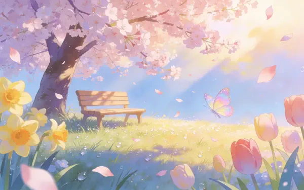 Pastel spring 4K Ultra HD PC desktop wallpaper: sunlit meadow with a cherry blossom tree, wooden bench, blooming tulips and daffodils, and a butterfly drifting among falling petals.