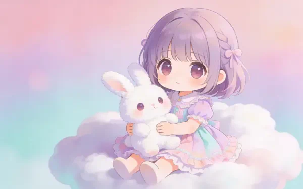 Cute pastel, cute 4K Ultra HD PC desktop wallpaper and background: chibi girl with lavender hair hugging a white bunny atop a fluffy cloud in a soft gradient pastel sky.