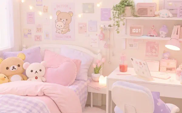 Cute pastel pink bedroom scene with plush bears on a cozy bed, tidy desk with laptop, soft fairy lights and plants — 4K Ultra HD PC desktop wallpaper and background.