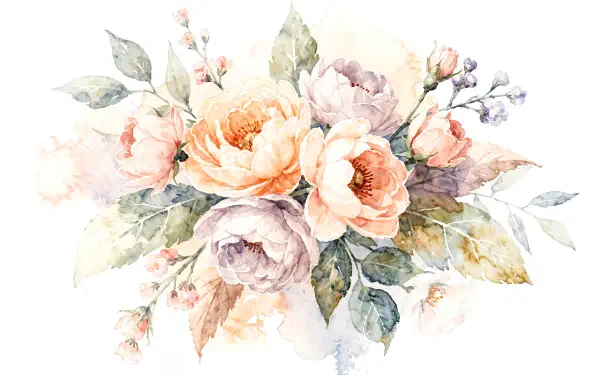 Watercolor Floral 4K Ultra HD PC desktop wallpaper and background: soft peach and blush roses with green leaves painted in delicate washes on white.