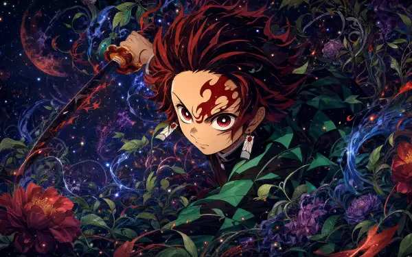 Tanjiro Kamado in a dynamic pose amid swirling floral and cosmic energy, vivid 4K Ultra HD PC desktop wallpaper background.