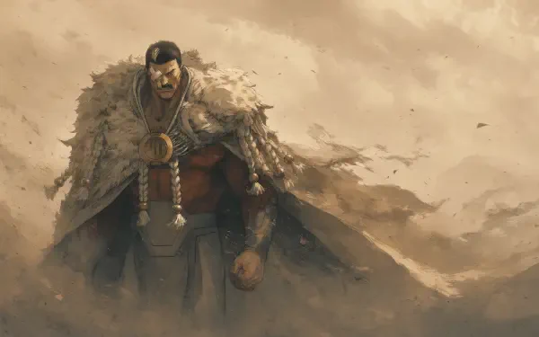 Thragg (Invincible) stands amid a sandstorm, towering in a fur-lined cloak and armor, brooding menace — 4K Ultra HD PC desktop wallpaper and background.