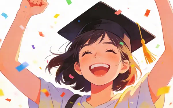Joyful graduate wearing a graduation cap, arms raised amid colorful confetti; cheerful anime-style 4K Ultra HD PC desktop wallpaper/background.