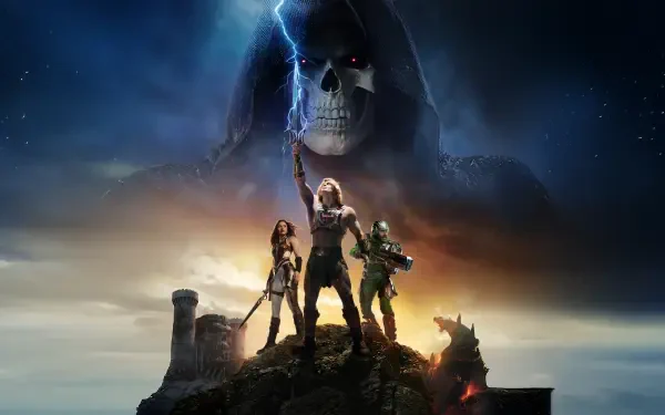 Masters of the Universe (2026) 5K Ultra HD PC wallpaper: three armored heroes on a rocky peak face a stormy sky as a giant hooded skull-faced villain looms with lightning.