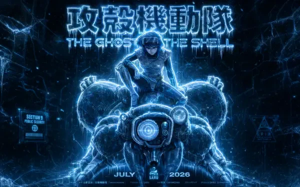 Neon-blue cyberpunk poster of The Ghost In The Shell (2026): armored figure atop a spider-like robot beneath the Japanese title and July 2026; 4K Ultra HD PC desktop wallpaper/background.